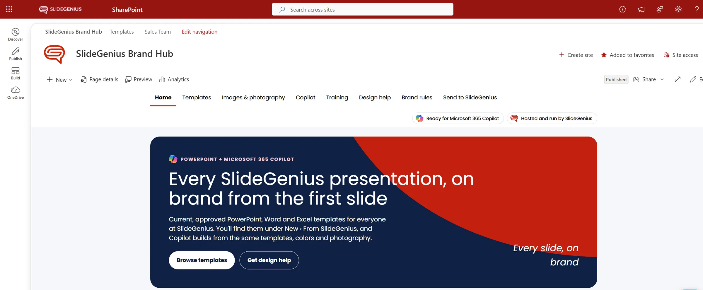 A Brand Hub home page in Microsoft SharePoint: Templates, Images and photography, Copilot, Training, Design help, Brand rules and Send to SlideGenius in the menu.